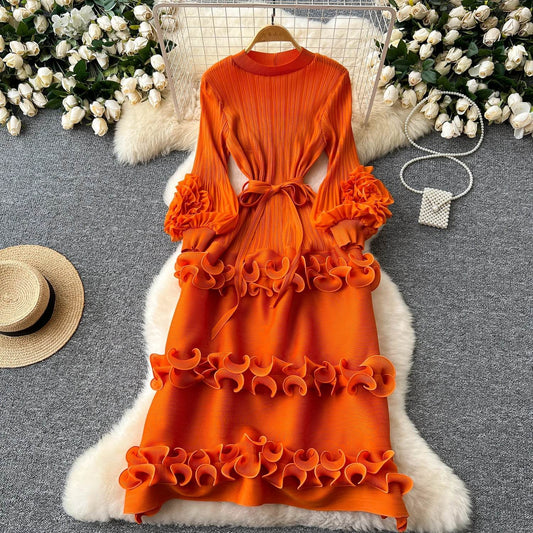 Elegant Flower Lantern Sleeve Lace Pleated Dresses