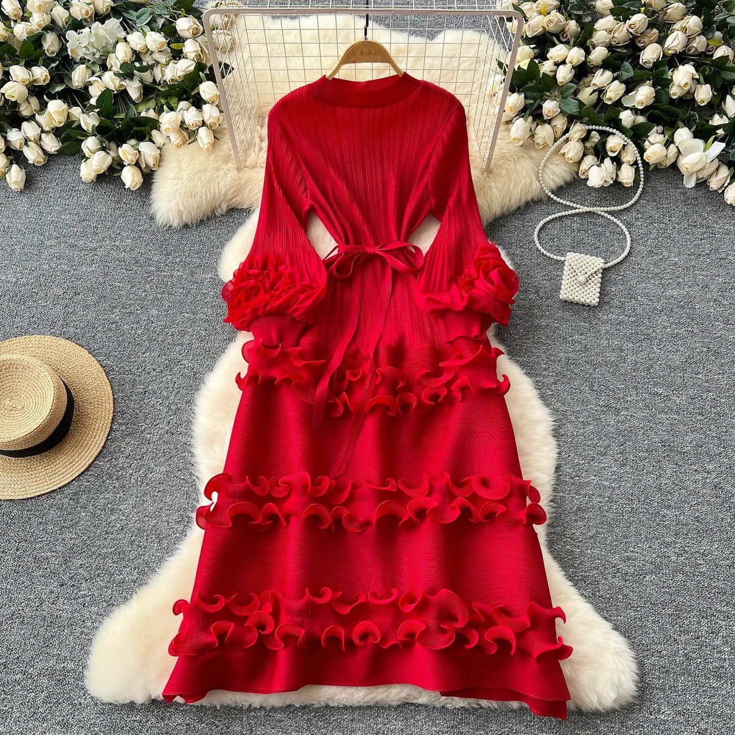 Elegant Flower Lantern Sleeve Lace Pleated Dresses - IVORYNN