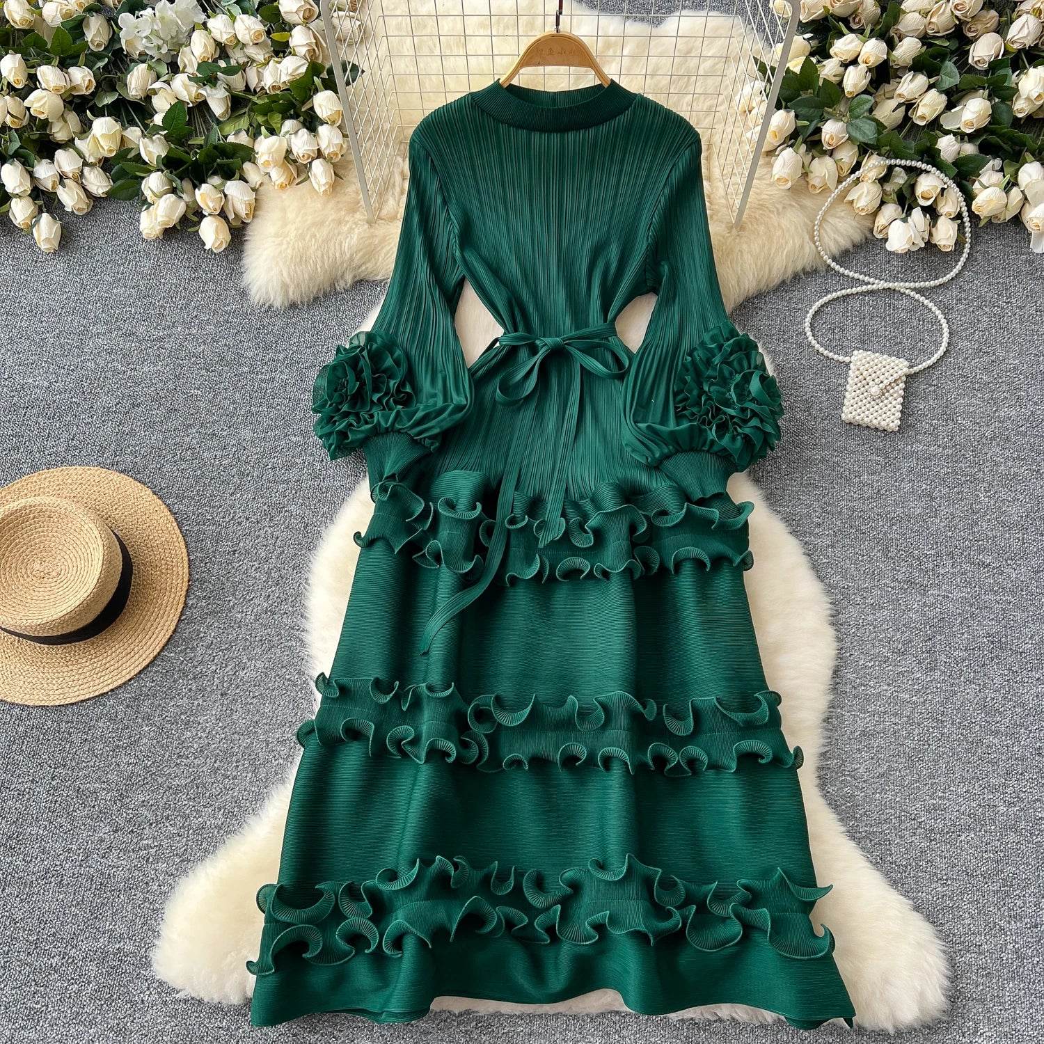Elegant Flower Lantern Sleeve Lace Pleated Dresses - IVORYNN