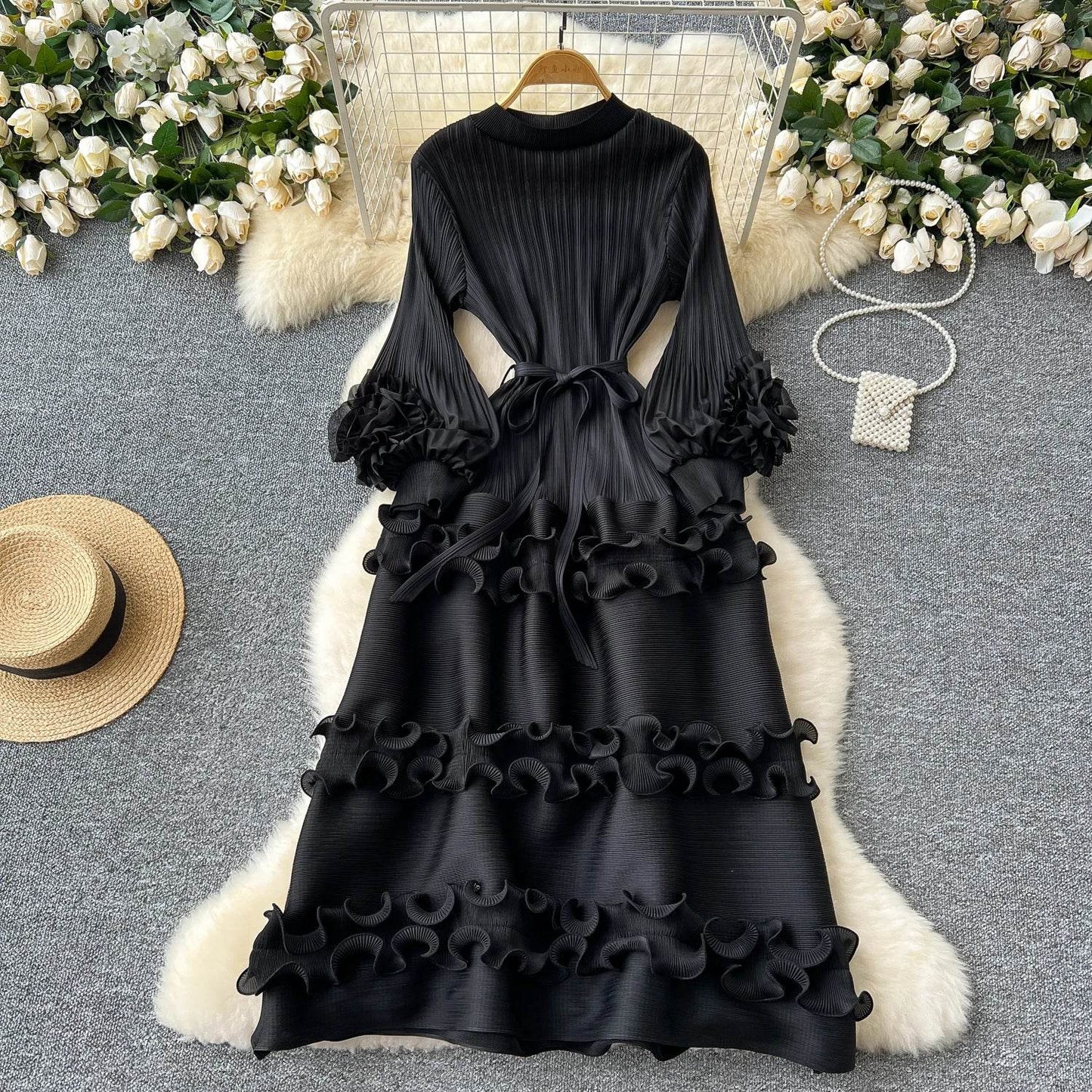 Elegant Flower Lantern Sleeve Lace Pleated Dresses - IVORYNN