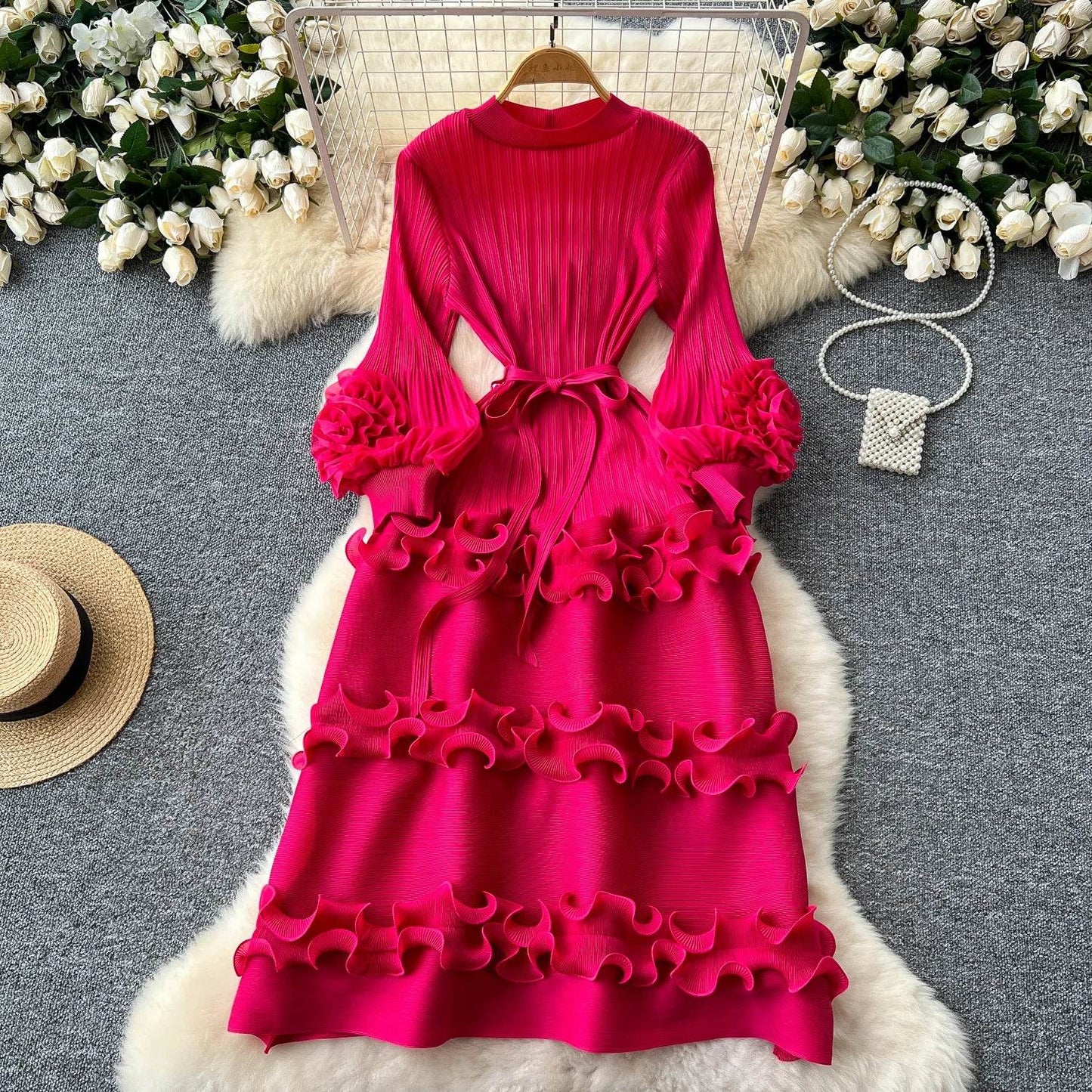 Elegant Flower Lantern Sleeve Lace Pleated Dresses - IVORYNN