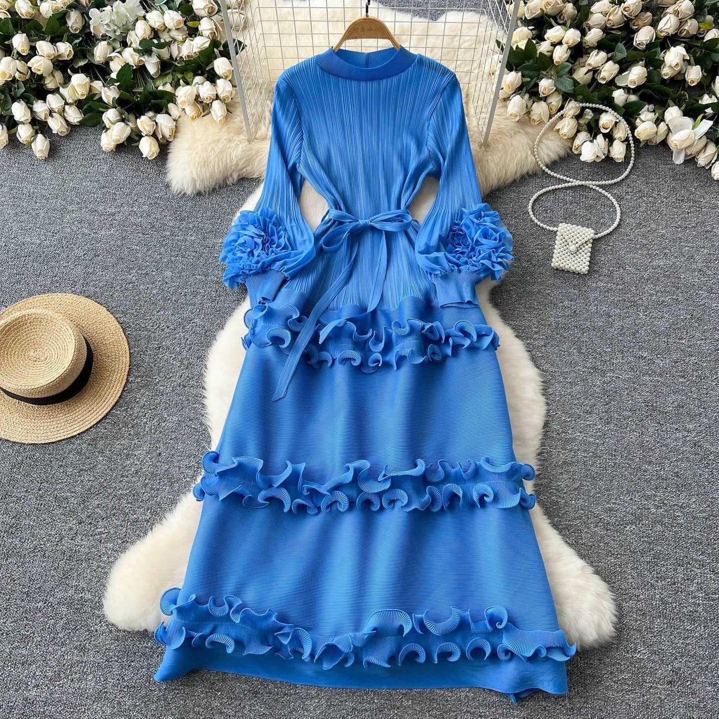 Elegant Flower Lantern Sleeve Lace Pleated Dresses - IVORYNN