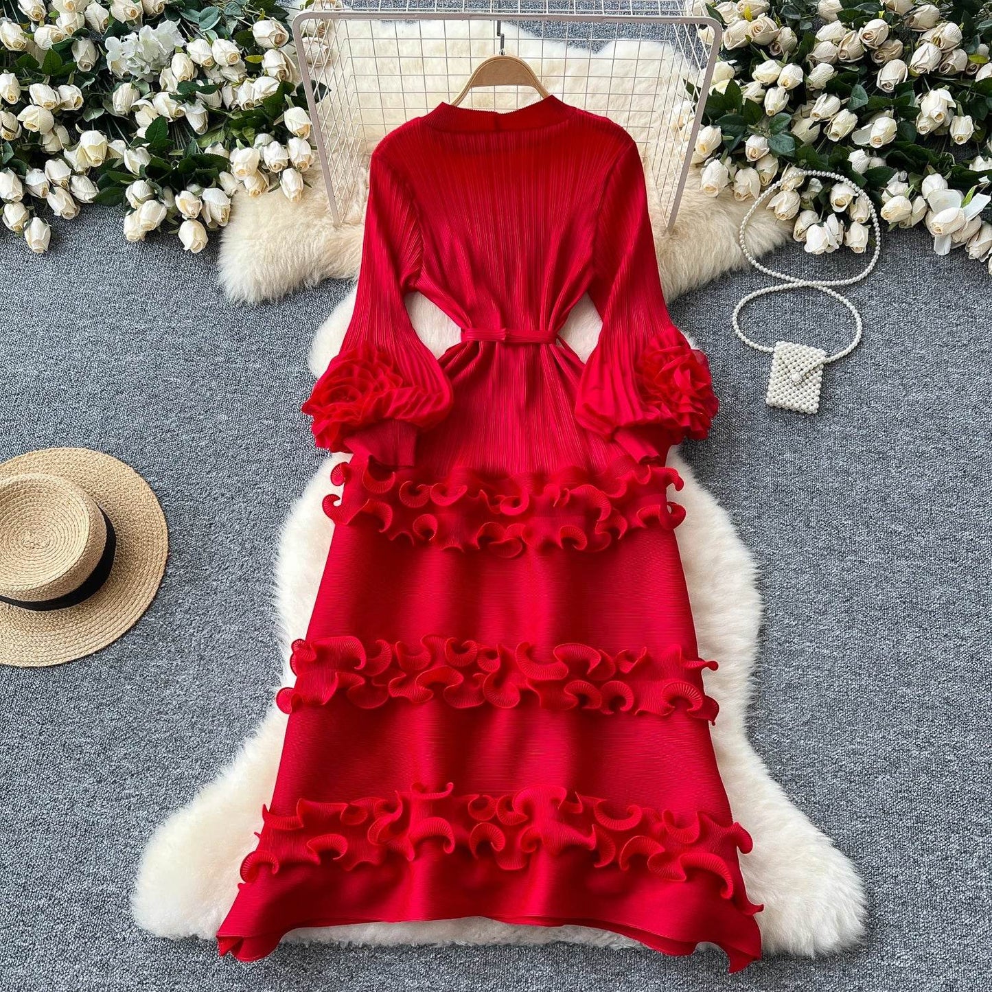 Elegant Flower Lantern Sleeve Lace Pleated Dresses - IVORYNN