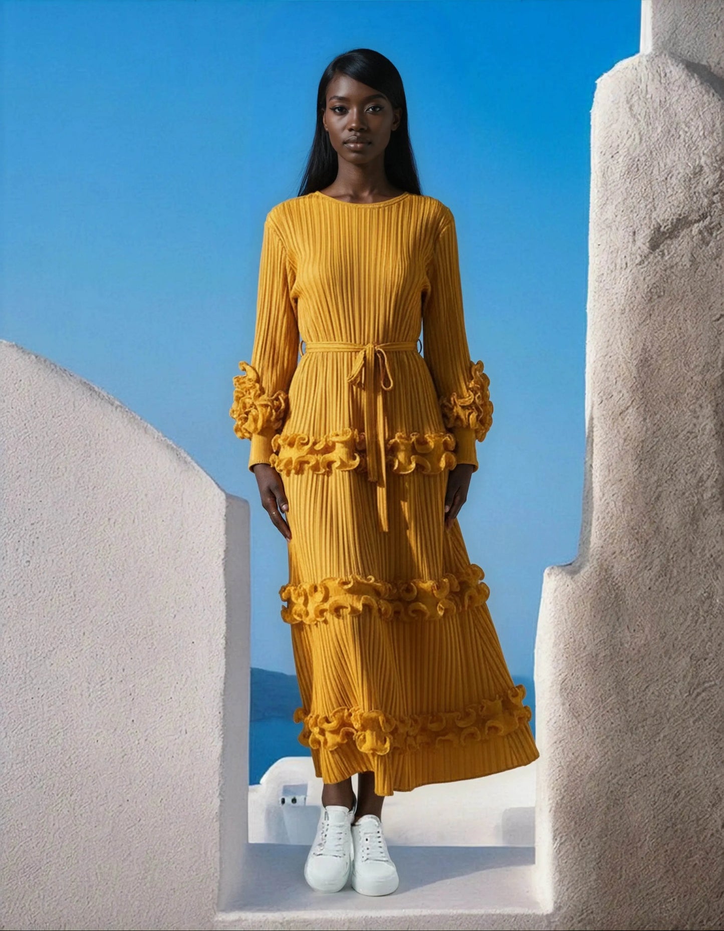 Elegant Flower Lantern Sleeve Lace Pleated Dresses - IVORYNN