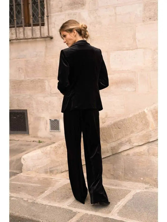 Elegant High Waisted Straight Cut Black Velvet Trousers