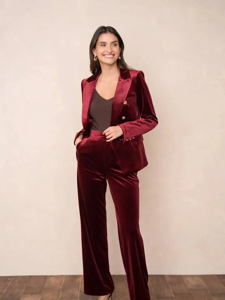 Elegant High-Waisted Straight-Cut Velvet Trousers with Side Pockets, Button Closure
