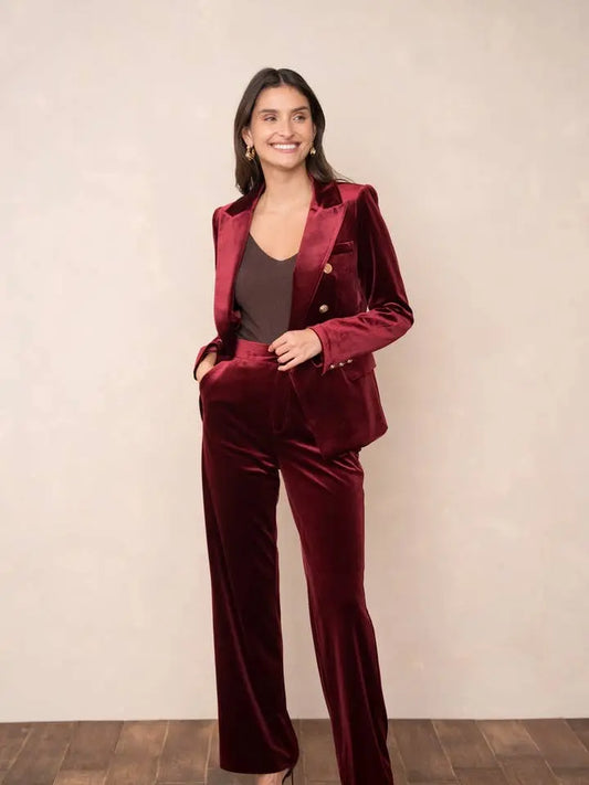 Elegant High-Waisted Straight-Cut Velvet Trousers with Side Pockets, Button Closure