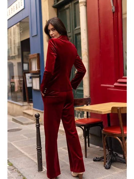Elegant High-Waisted Straight-Cut Velvet Trousers with Side Pockets, Button Closure