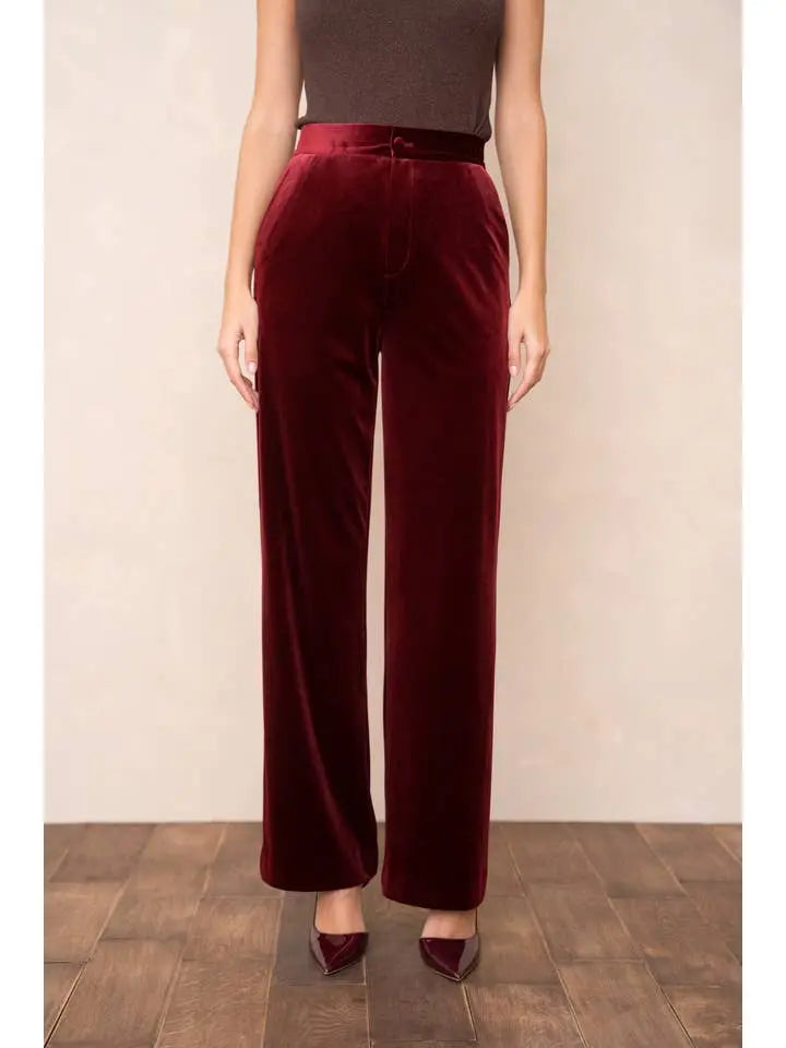 Elegant High-Waisted Straight-Cut Velvet Trousers with Side Pockets, Button Closure