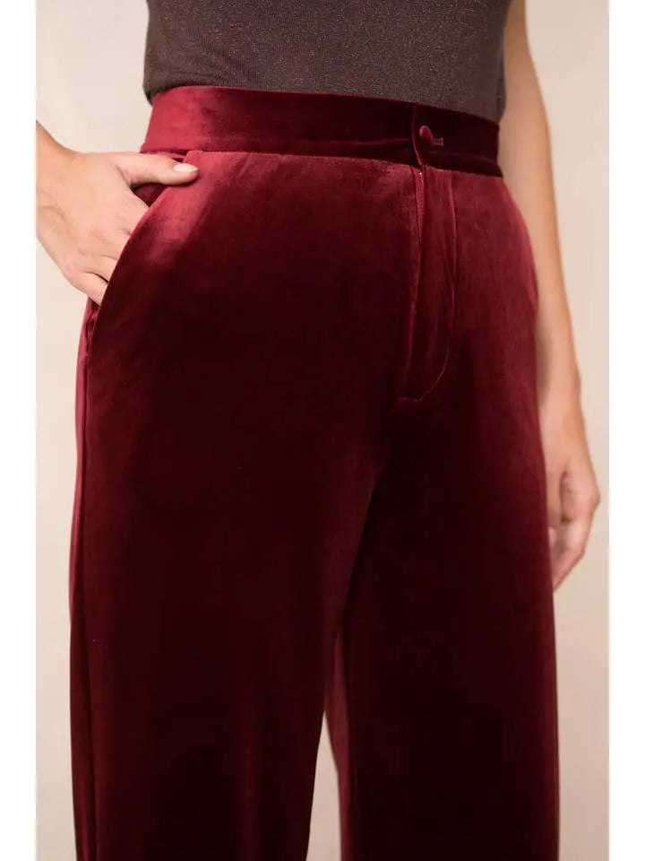 Elegant High-Waisted Straight-Cut Velvet Trousers with Side Pockets, Button Closure