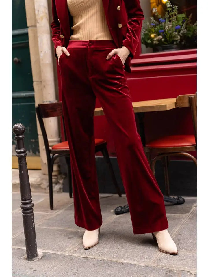 Elegant High-Waisted Straight-Cut Velvet Trousers with Side Pockets, Button Closure