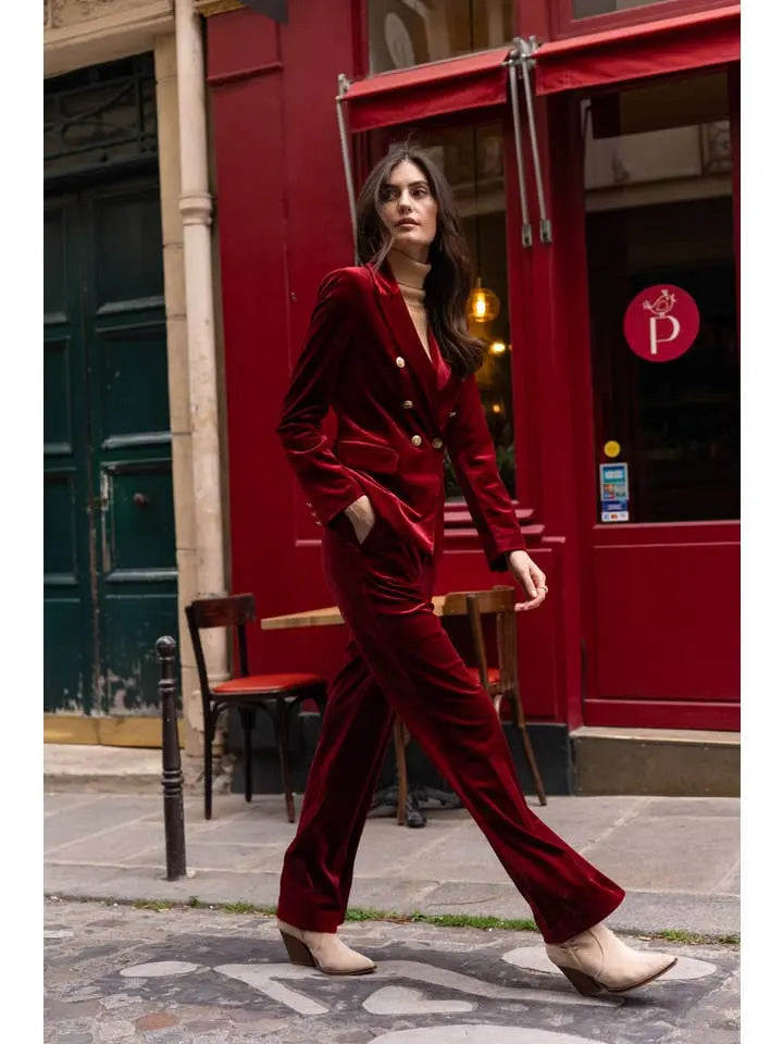 Elegant High-Waisted Straight-Cut Velvet Trousers with Side Pockets, Button Closure