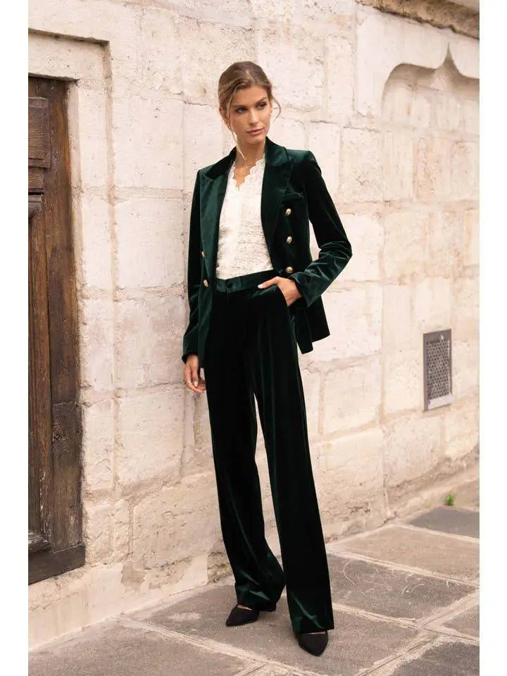 Elegant High Waisted Straight Cut Bottle green Velvet Trousers - IVORYNN