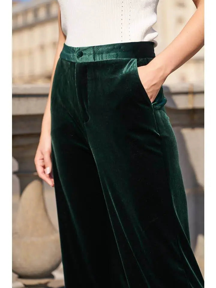 Elegant High Waisted Straight Cut Bottle green Velvet Trousers - IVORYNN