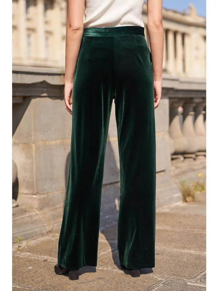Elegant High Waisted Straight Cut Bottle green Velvet Trousers - IVORYNN