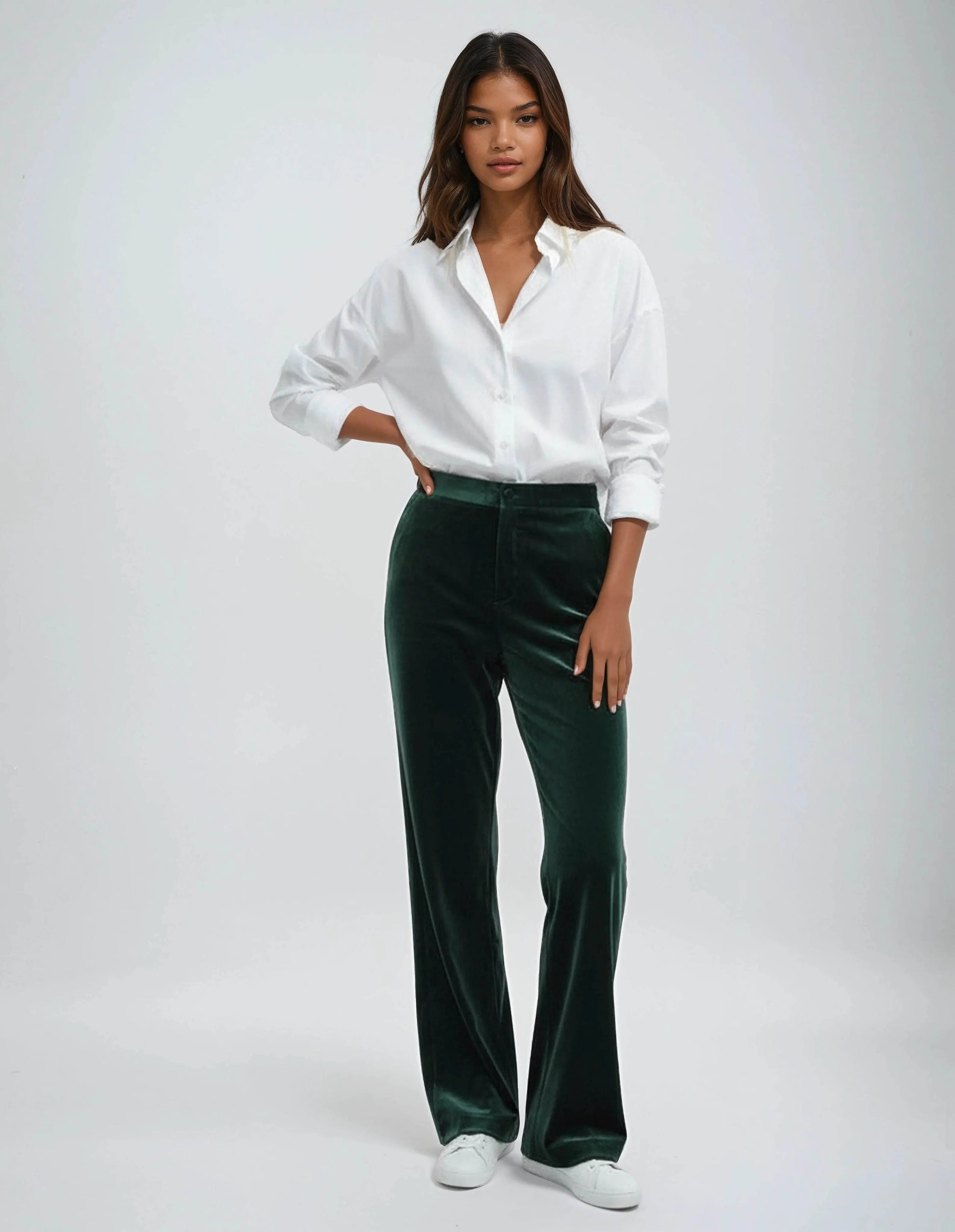 Elegant High Waisted Straight Cut Bottle green Velvet Trousers - IVORYNN