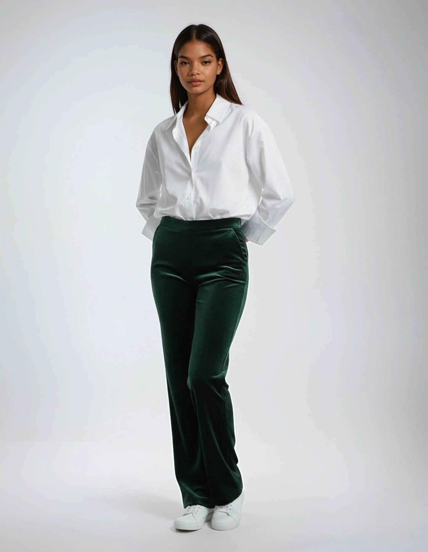 Elegant High Waisted Straight Cut Bottle green Velvet Trousers - IVORYNN