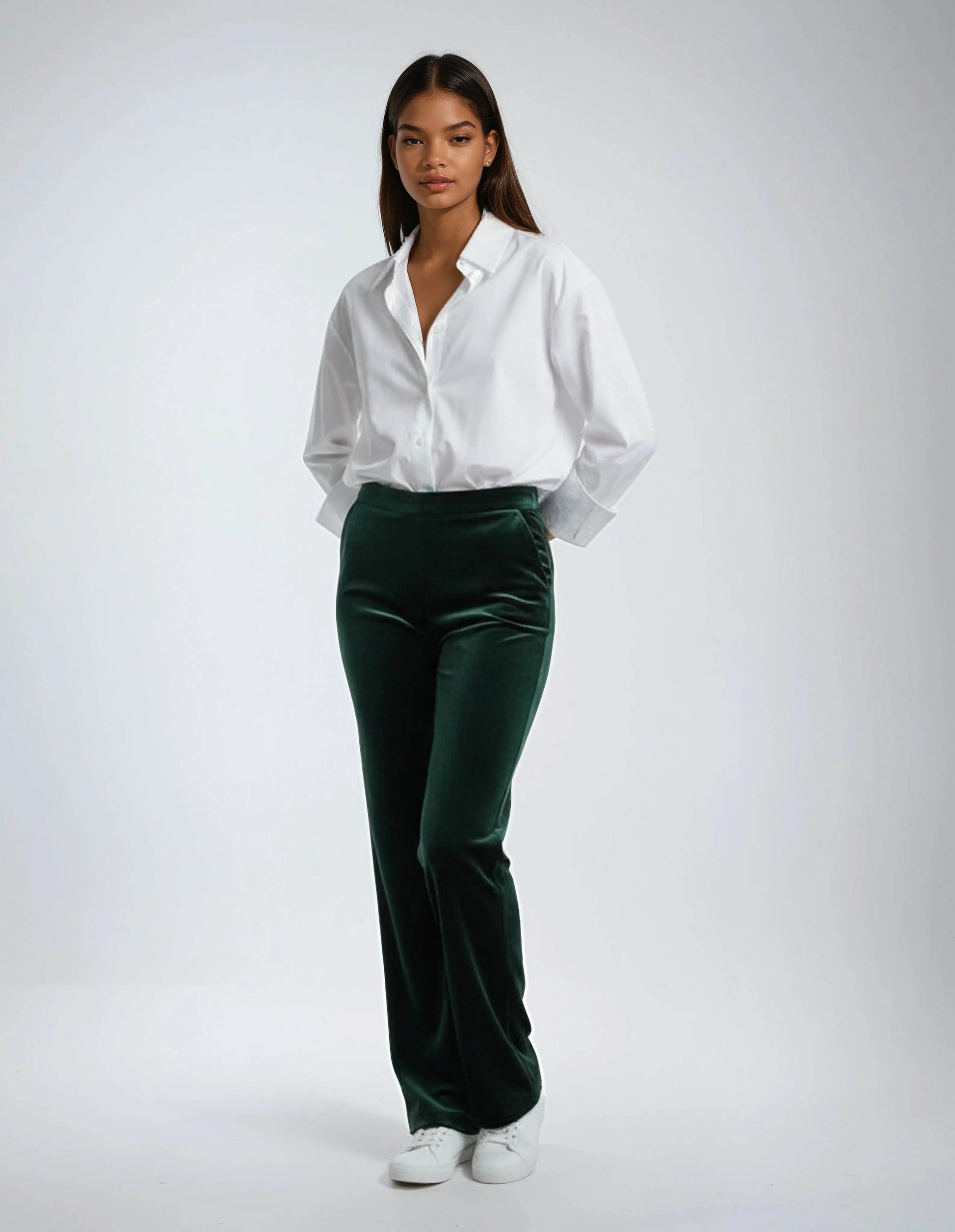 Elegant High Waisted Straight Cut Bottle green Velvet Trousers - IVORYNN