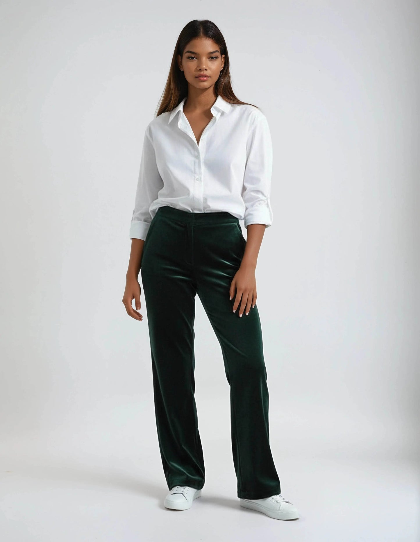 Elegant High Waisted Straight Cut Bottle green Velvet Trousers - IVORYNN