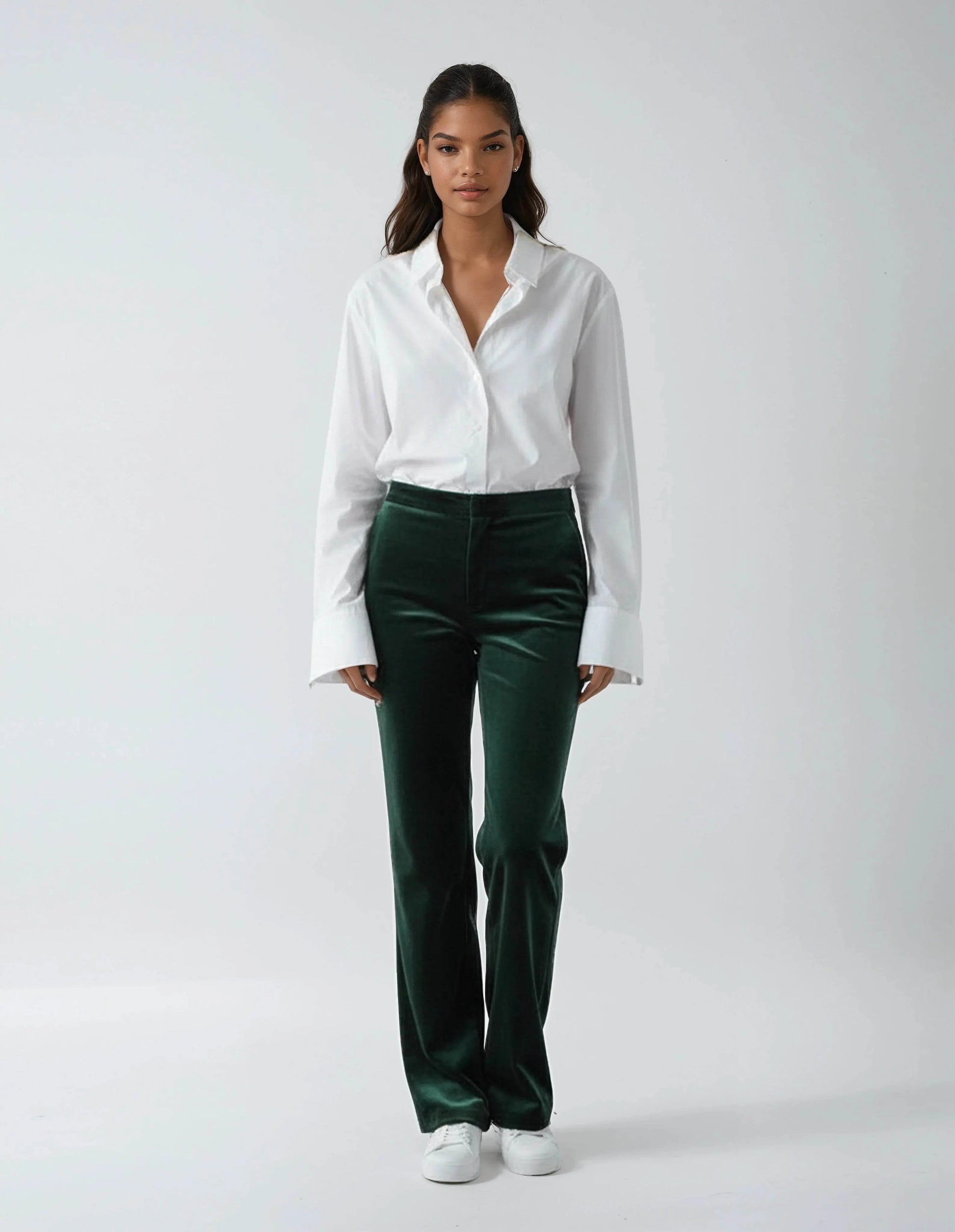 Elegant High Waisted Straight Cut Bottle green Velvet Trousers - IVORYNN