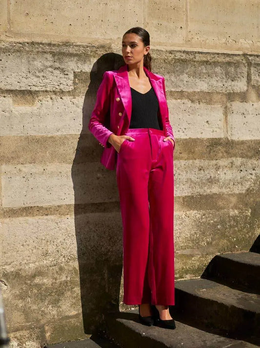 Elegant High Waisted Straight Cut Fuchsia Velvet Trousers
