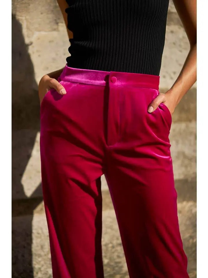 Elegant High Waisted Straight Cut Fuchsia Velvet Trousers - IVORYNN