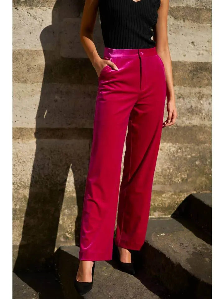 Elegant High Waisted Straight Cut Fuchsia Velvet Trousers - IVORYNN