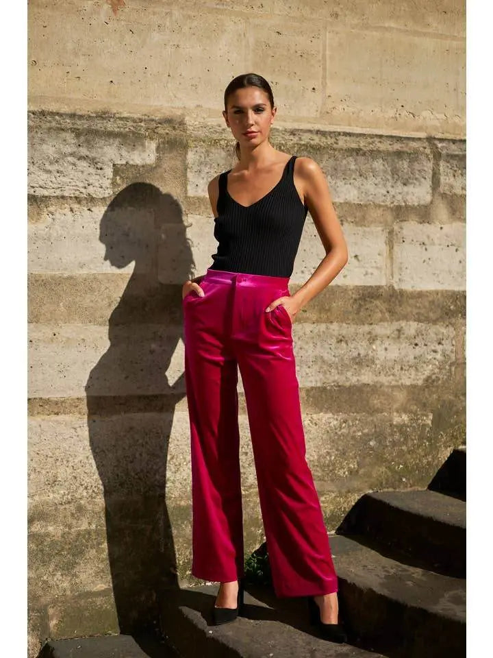 Elegant High Waisted Straight Cut Fuchsia Velvet Trousers - IVORYNN