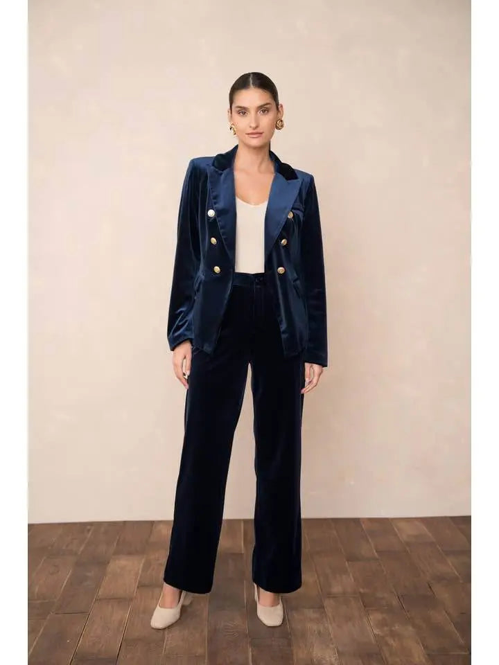 Elegant High Waisted Straight Cut Navy Blue Velvet Trousers - IVORYNN