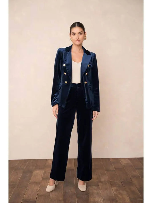 Elegant High Waisted Straight Cut Navy Blue Velvet Trousers