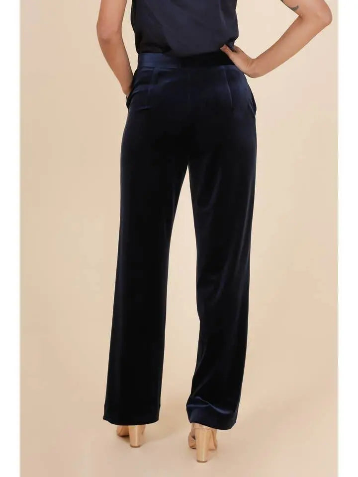 Elegant High Waisted Straight Cut Navy Blue Velvet Trousers - IVORYNN
