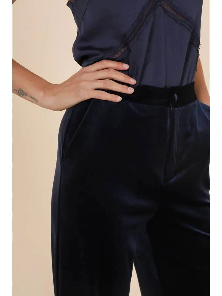 Elegant High Waisted Straight Cut Navy Blue Velvet Trousers - IVORYNN