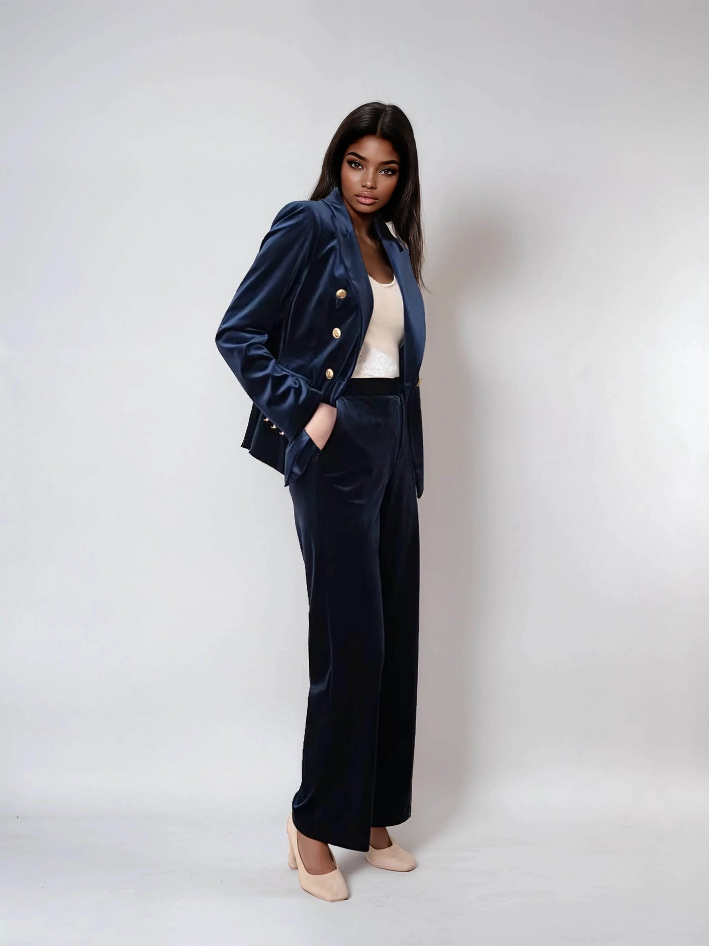 Elegant High Waisted Straight Cut Navy Blue Velvet Trousers - IVORYNN