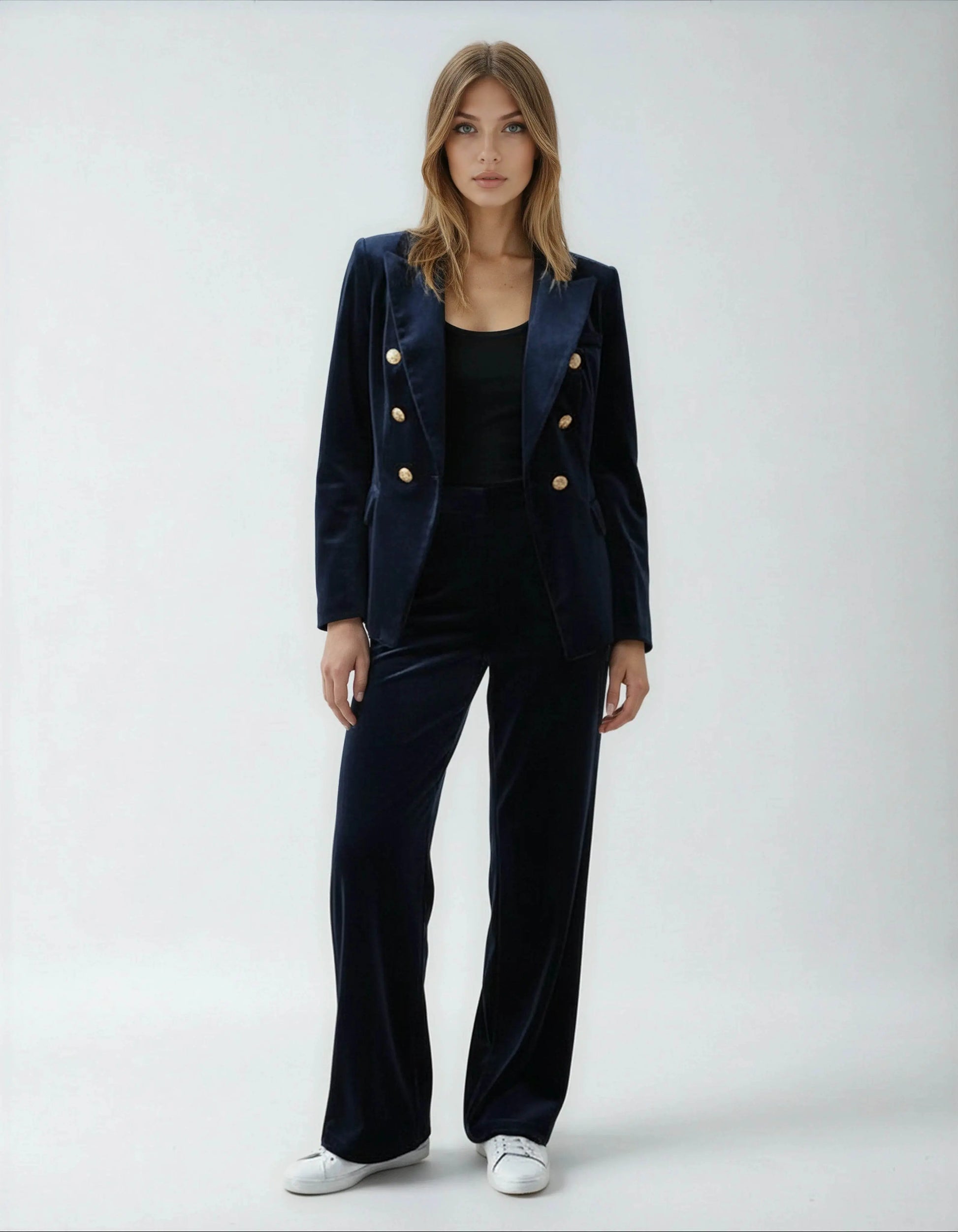 Elegant High Waisted Straight Cut Navy Blue Velvet Trousers - IVORYNN