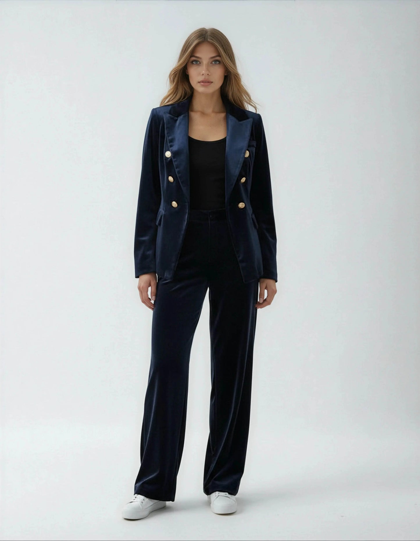 Elegant High Waisted Straight Cut Navy Blue Velvet Trousers - IVORYNN