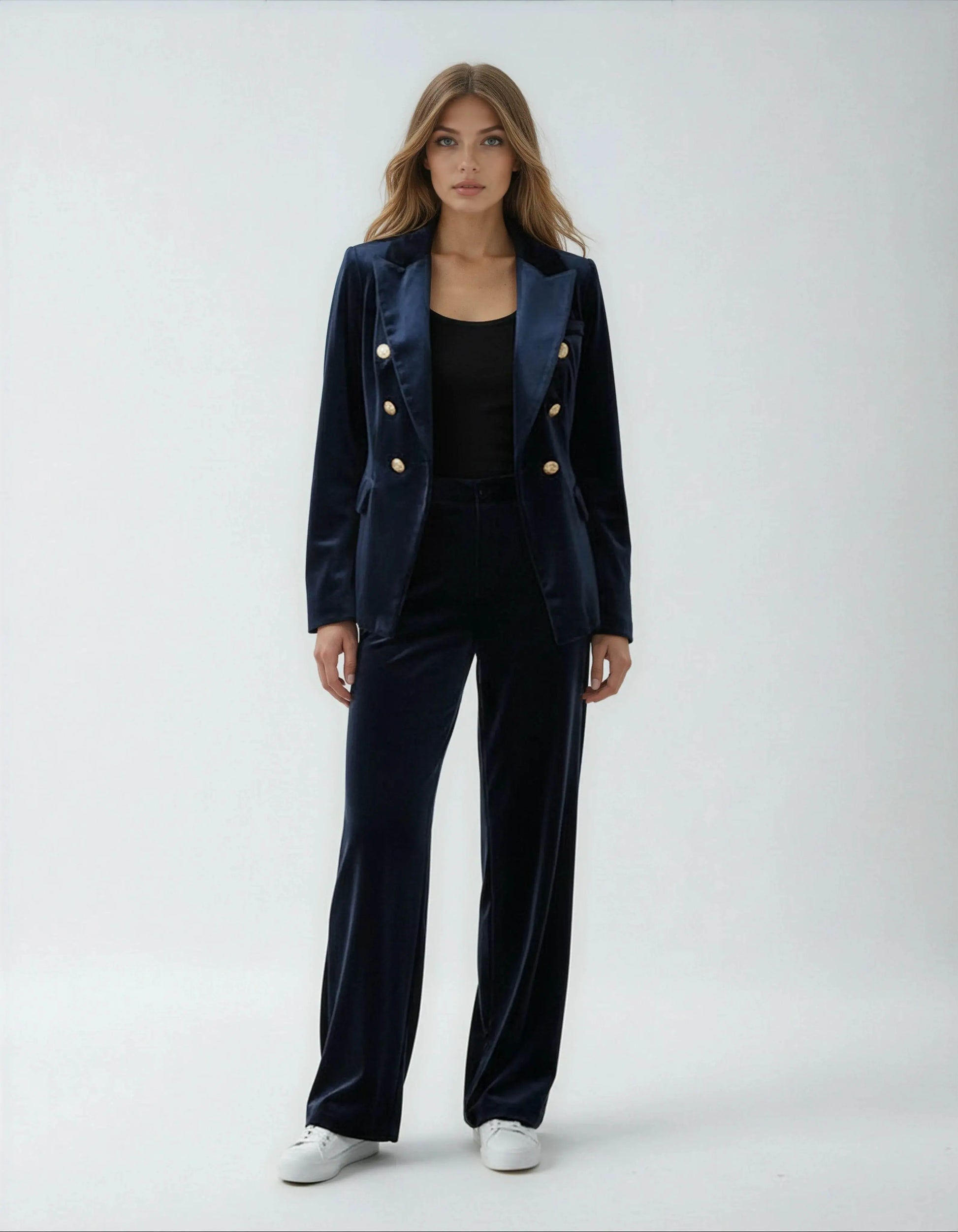 Elegant High Waisted Straight Cut Navy Blue Velvet Trousers - IVORYNN