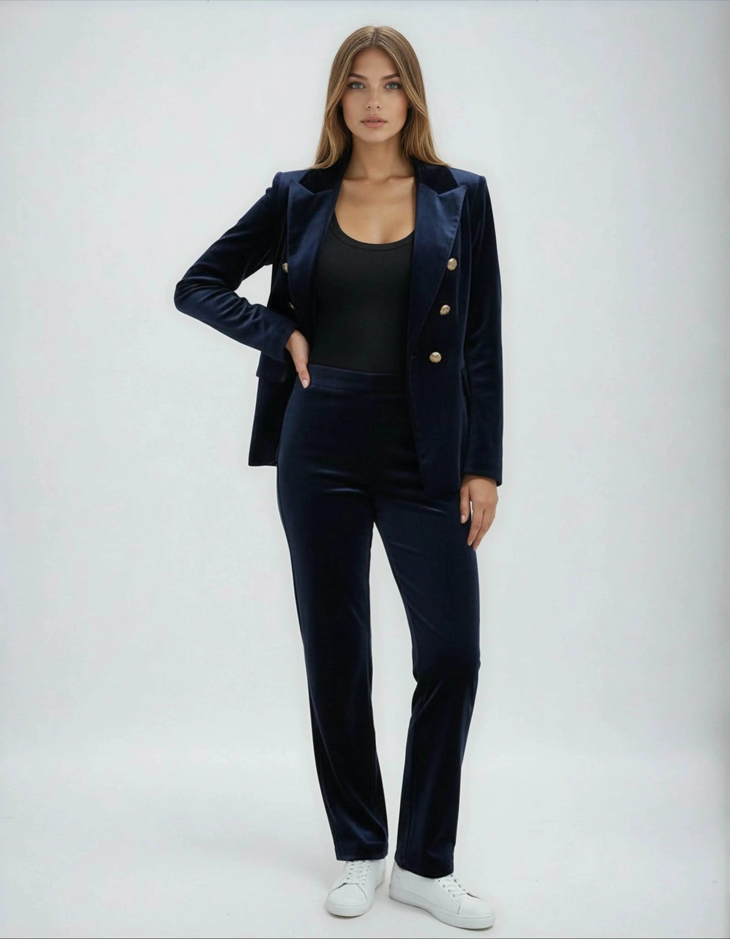 Elegant High Waisted Straight Cut Navy Blue Velvet Trousers - IVORYNN