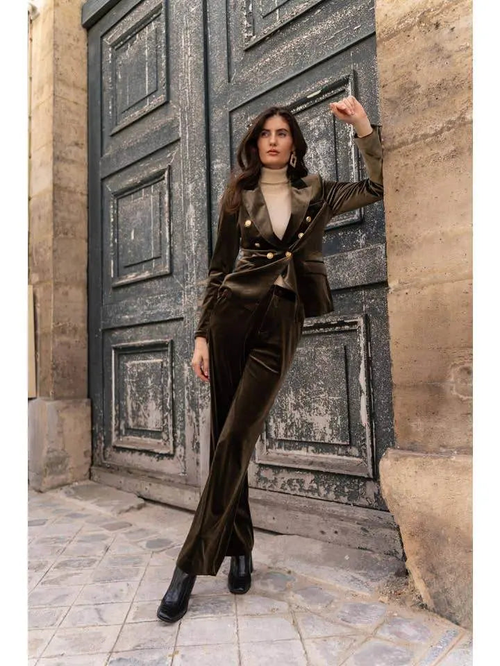 Elegant High Waisted Straight Cut Olive Velvet Trousers - IVORYNN
