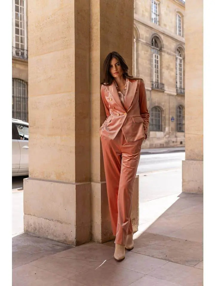 Elegant High Waisted Straight Cut Pink Velvet Trousers - IVORYNN