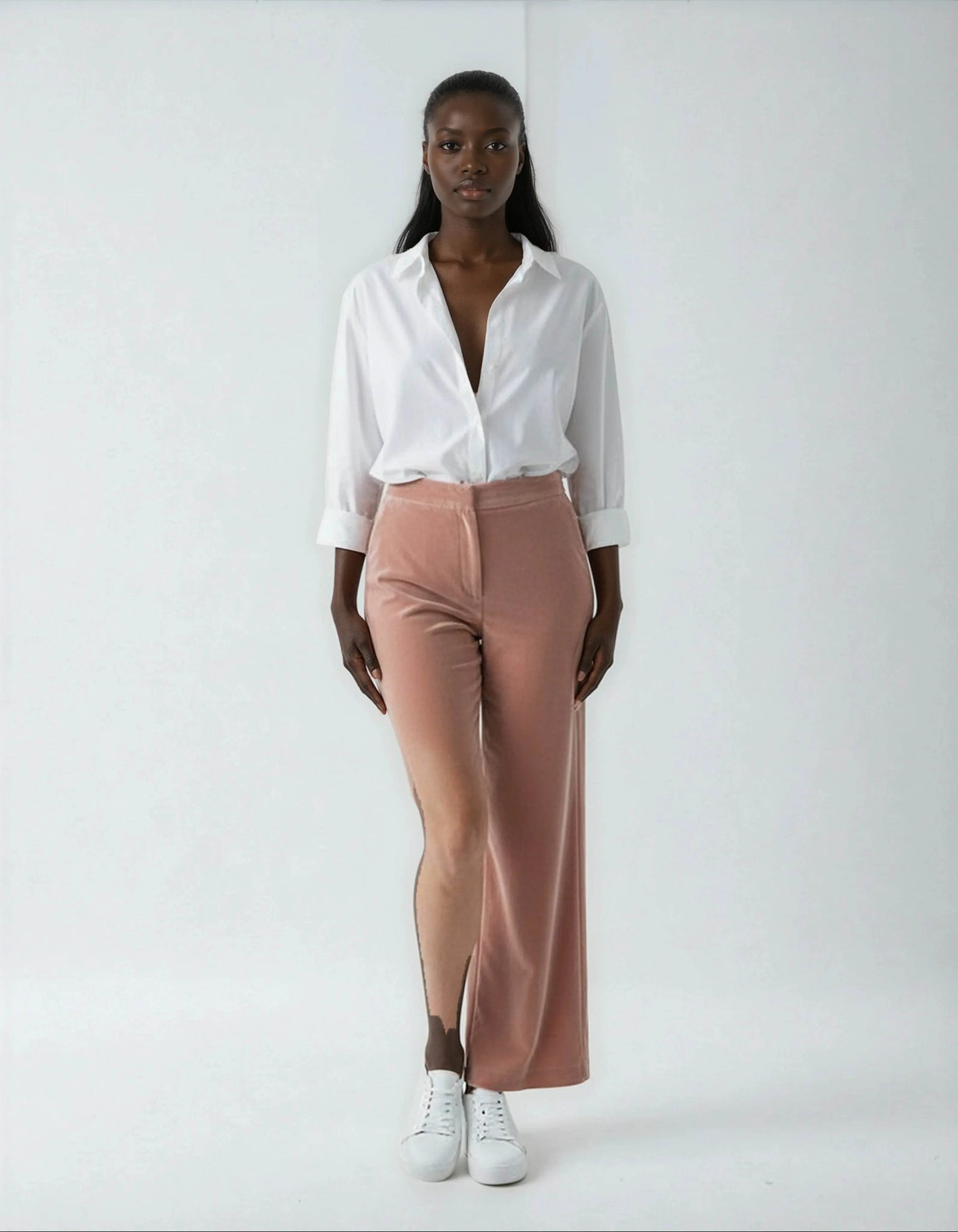 Elegant High Waisted Straight Cut Pink Velvet Trousers - IVORYNN