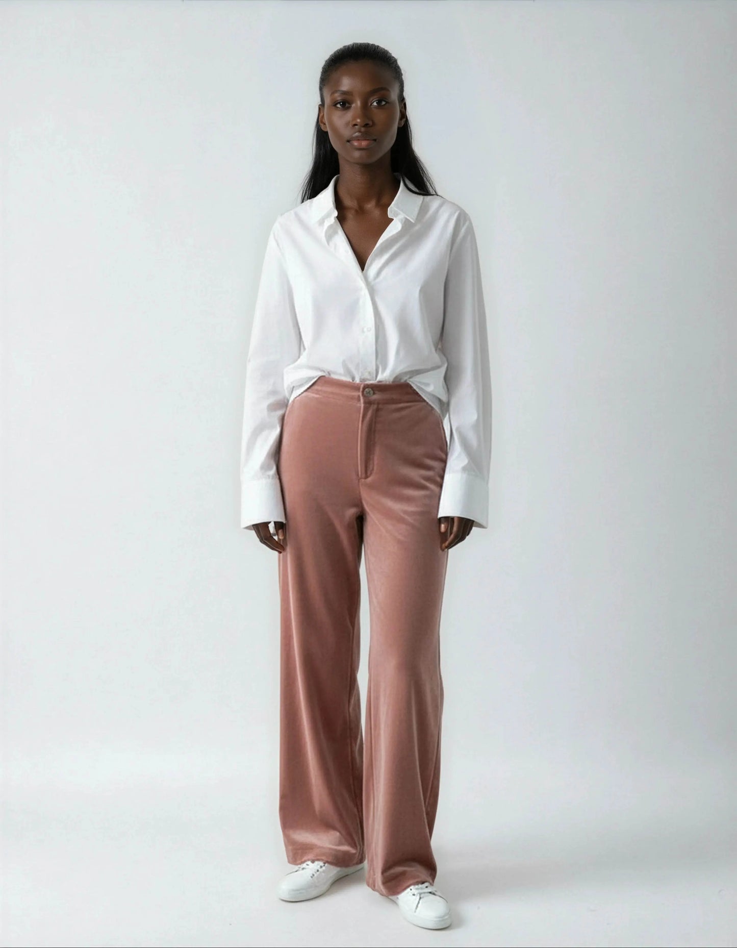 Elegant High Waisted Straight Cut Pink Velvet Trousers - IVORYNN
