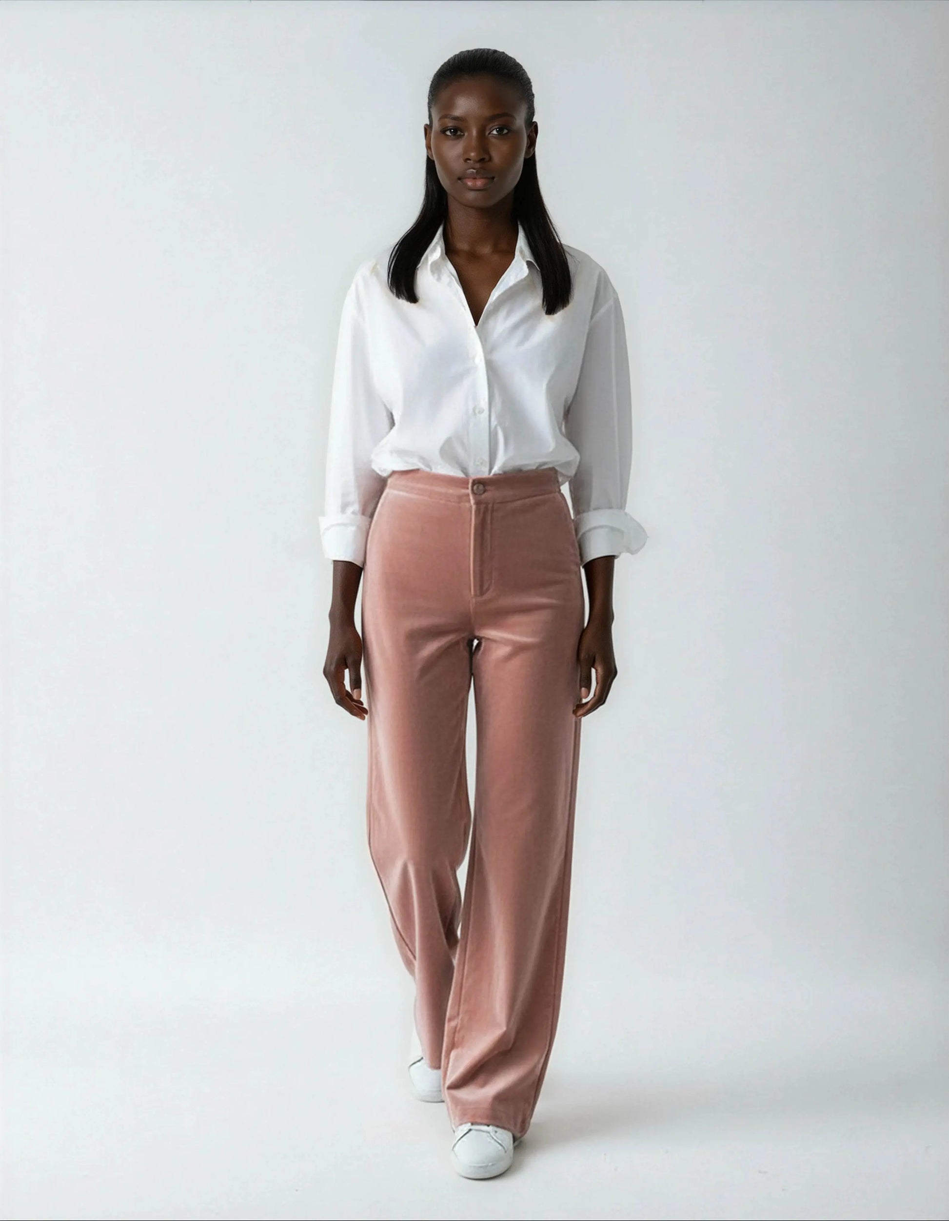 Elegant High Waisted Straight Cut Pink Velvet Trousers - IVORYNN