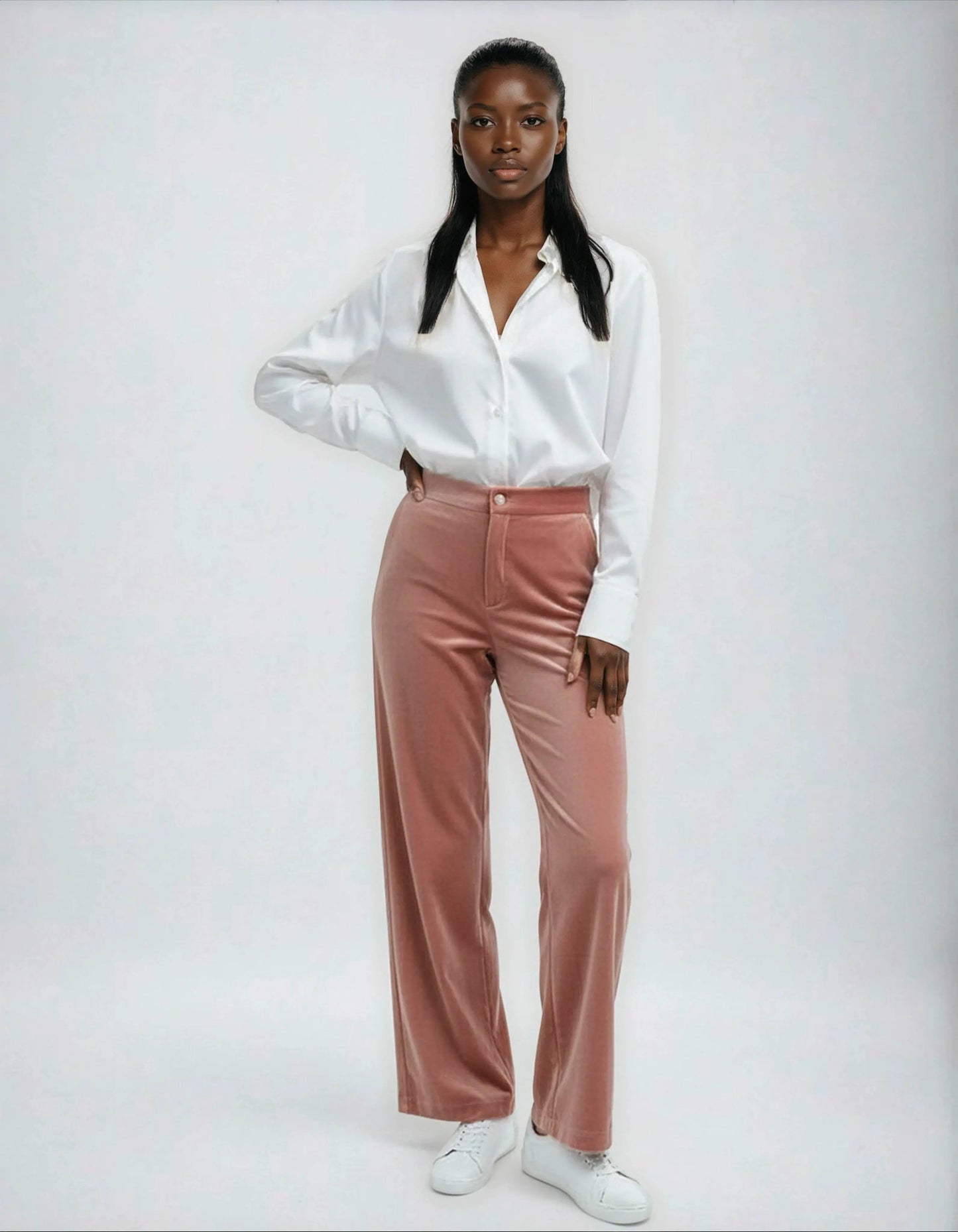 Elegant High Waisted Straight Cut Pink Velvet Trousers - IVORYNN