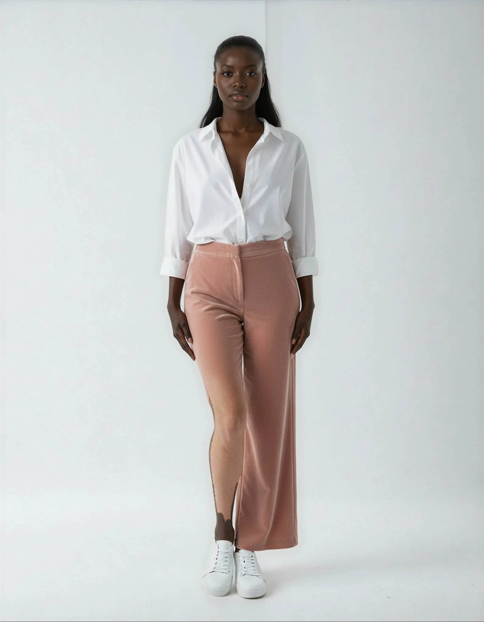 Elegant High Waisted Straight Cut Pink Velvet Trousers - IVORYNN
