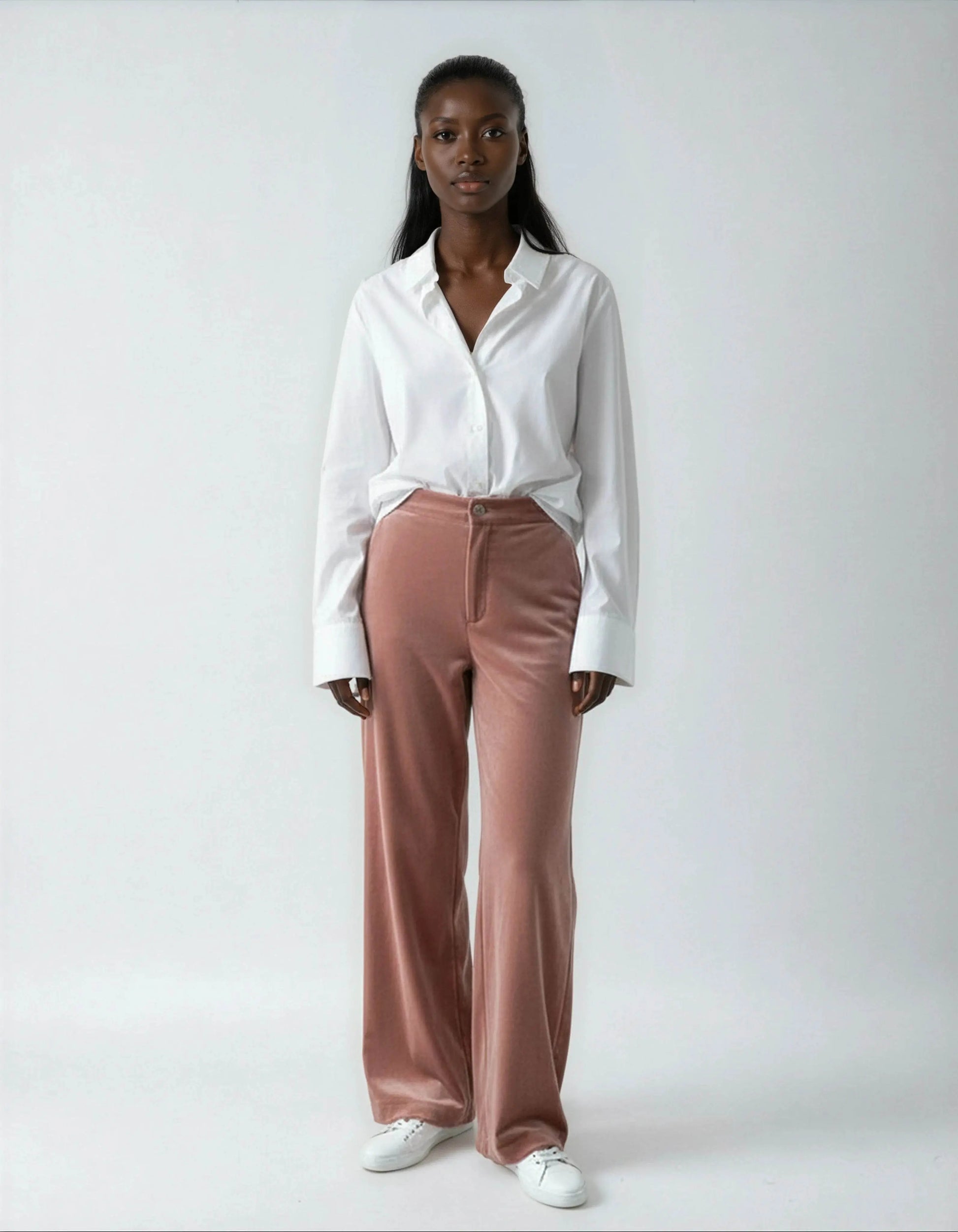 Elegant High Waisted Straight Cut Pink Velvet Trousers - IVORYNN