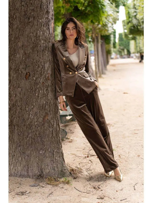 Elegant High Waisted Straight Cut Taupe Velvet Trousers