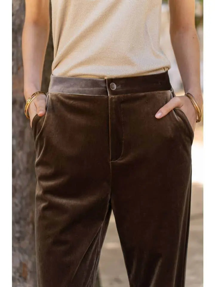Elegant High Waisted Straight Cut Taupe Velvet Trousers - IVORYNN
