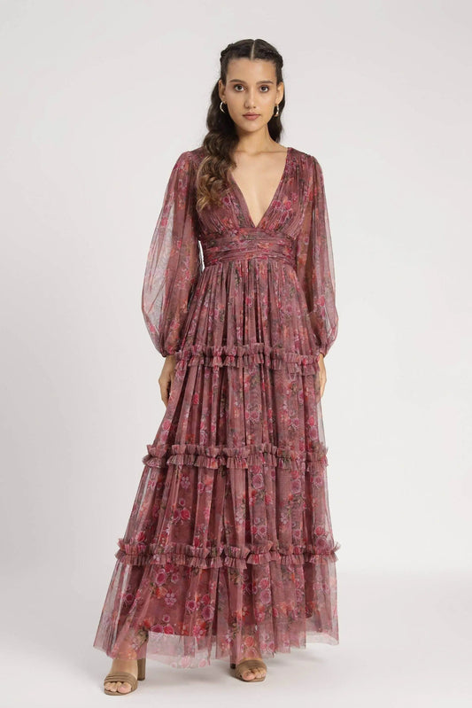 Elegant Purple Floral Tulle Maxi Dress