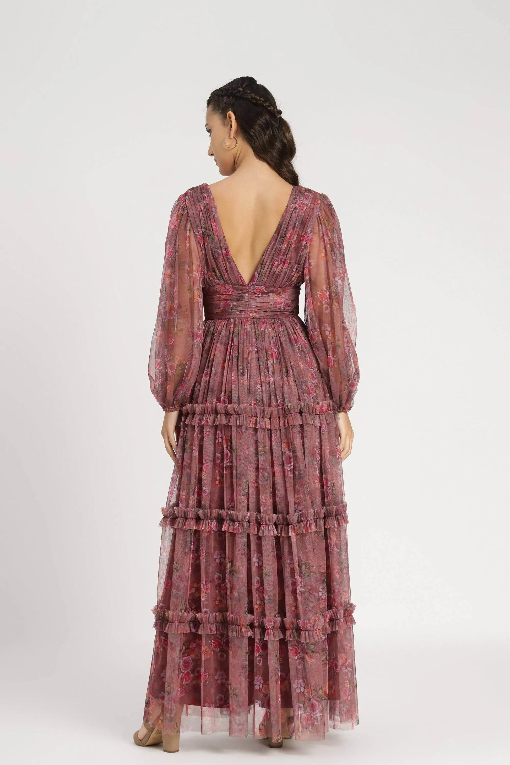 Elegant Purple Floral Tulle Maxi Dress - IVORYNN