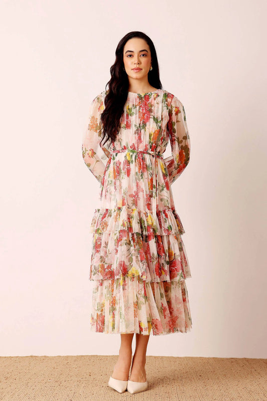 Elegant Sheer Sleeves Cream Floral Midi Dress